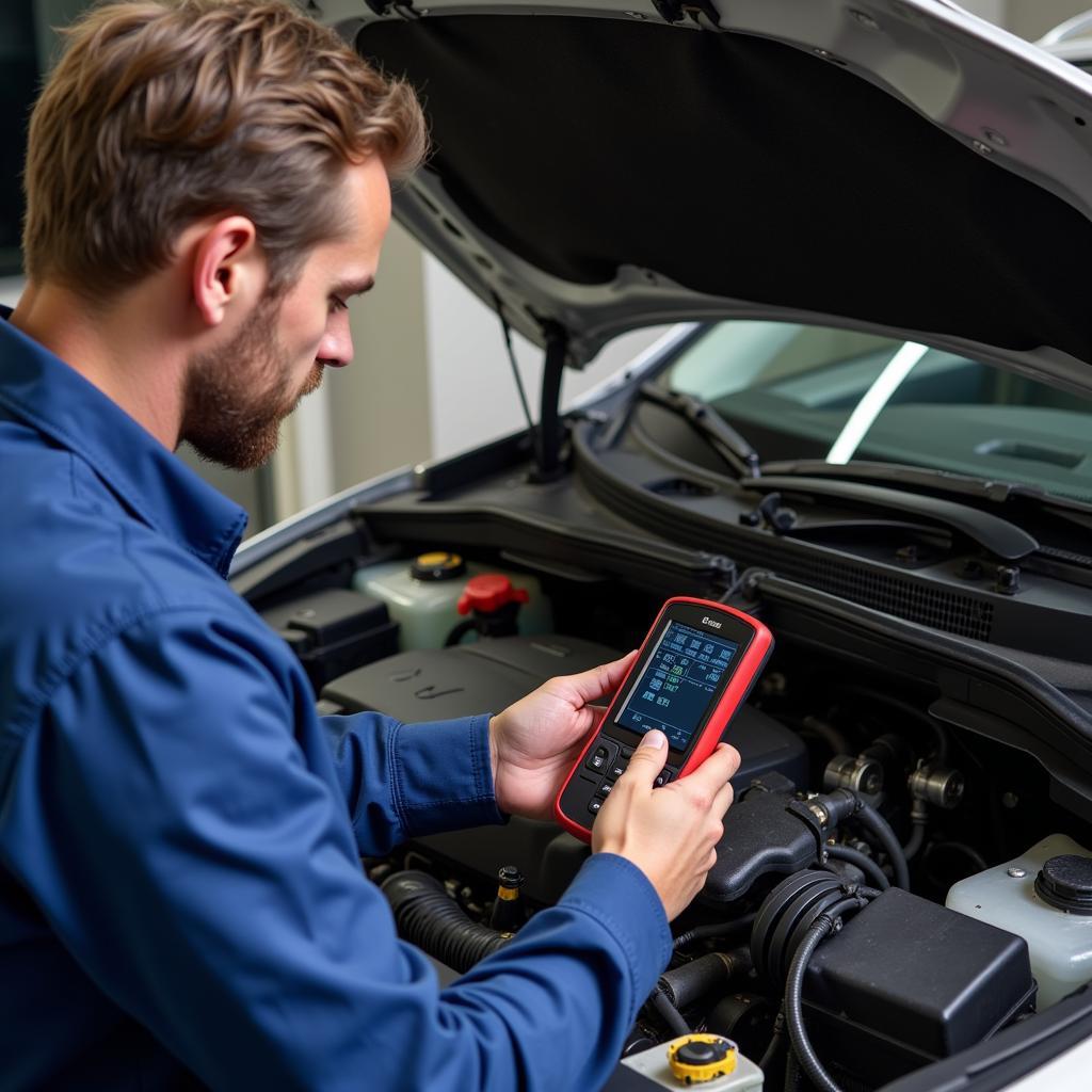 Mechanic using a cage diagnostic tool to troubleshoot a car engine