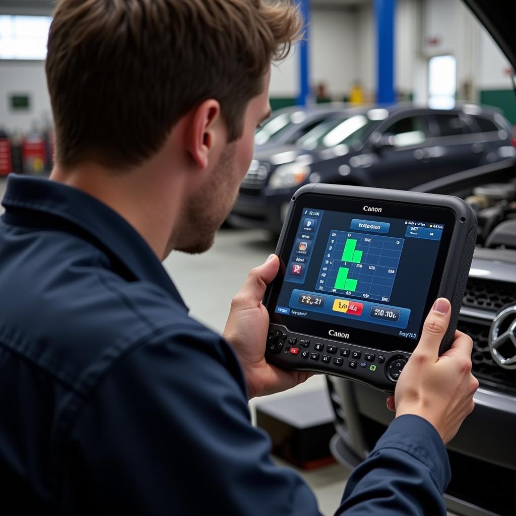 Mechanic using Canon 1435iF scan tool for car diagnostics in a workshop