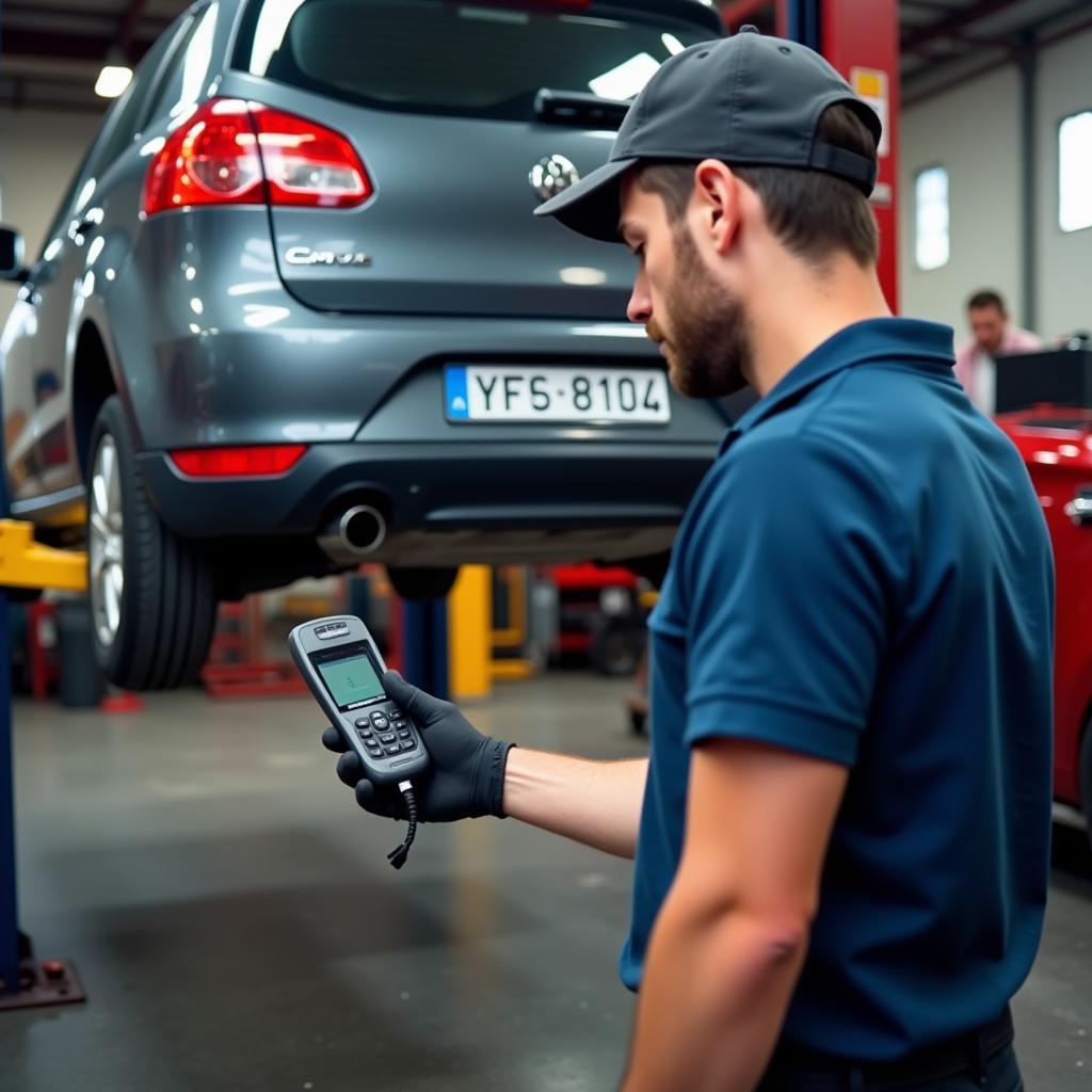 Mechanic Using a Car Registration Scanner in a Workshop