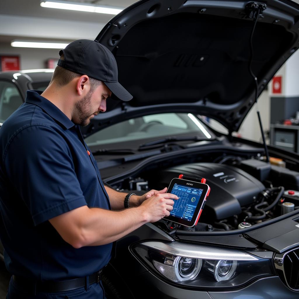 Mechanic Using Car Scanner Live Data to Diagnose Engine Issue