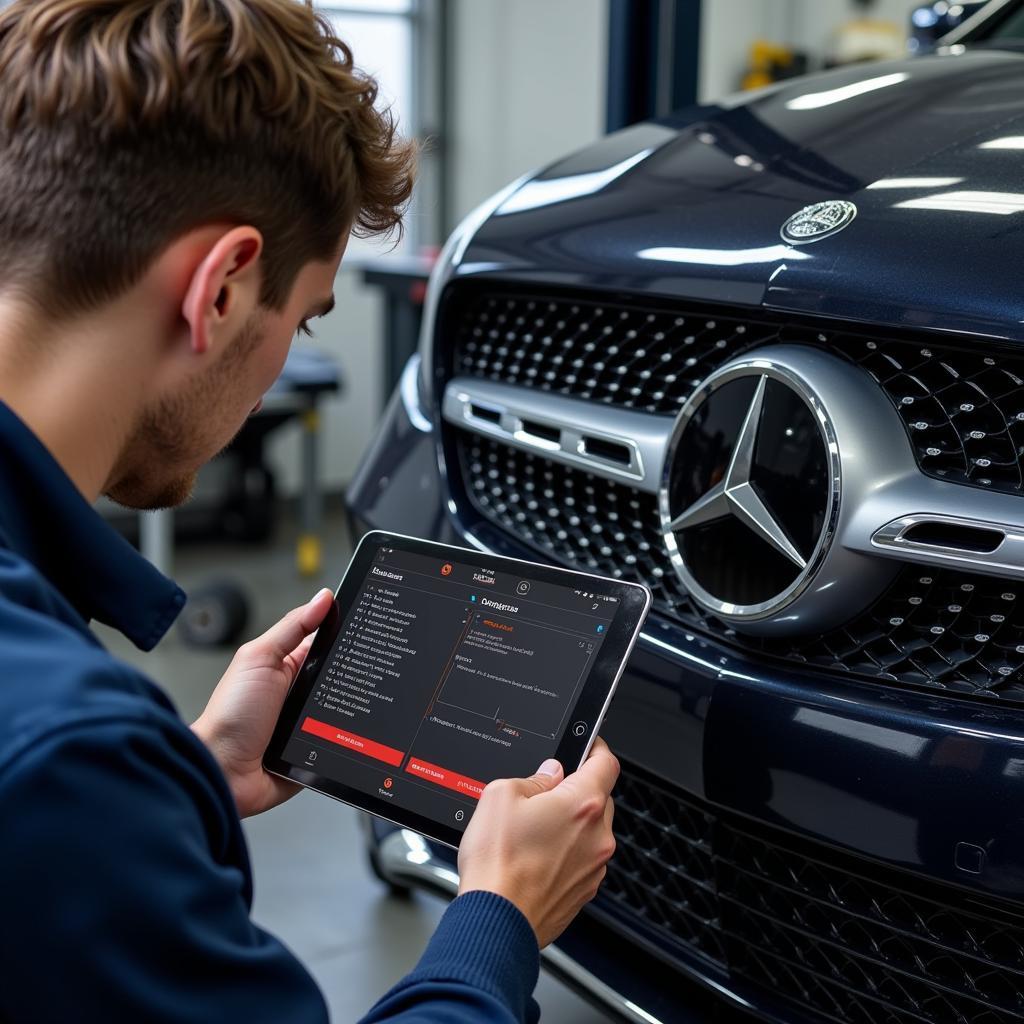 Mechanic Using Carly Scanner in Workshop