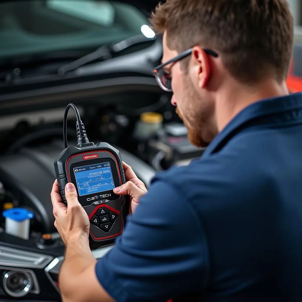 Mechanic Using Cen Tech Scan Tool to Diagnose Car Problem