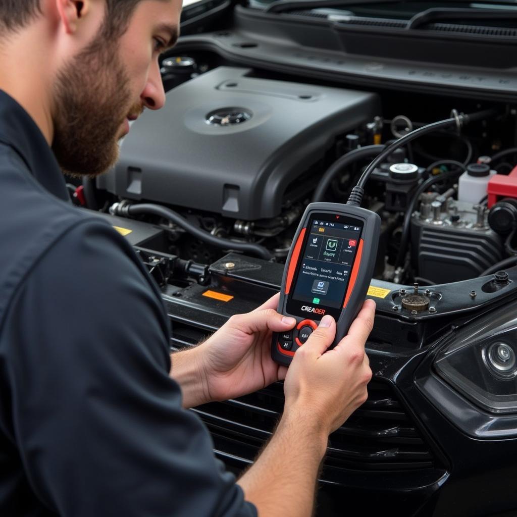 Mechanic using a Creader OBD scan tool