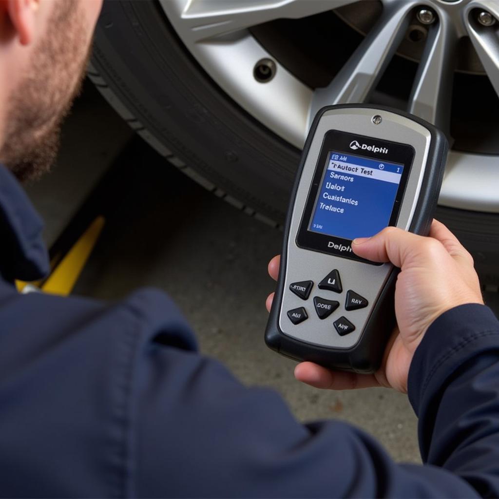 Mechanic performing actuator test with Delphi OBDII scanner