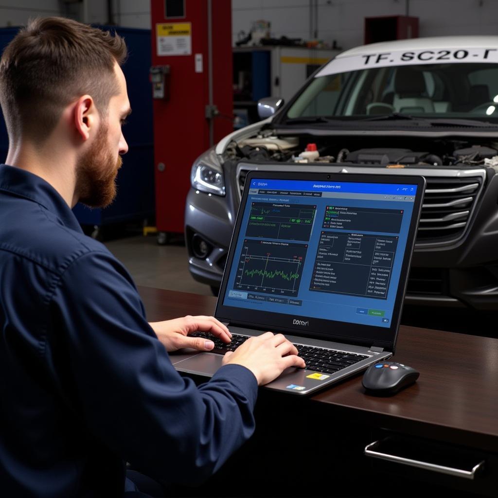 Mechanic Using Detroit DD15 on Laptop