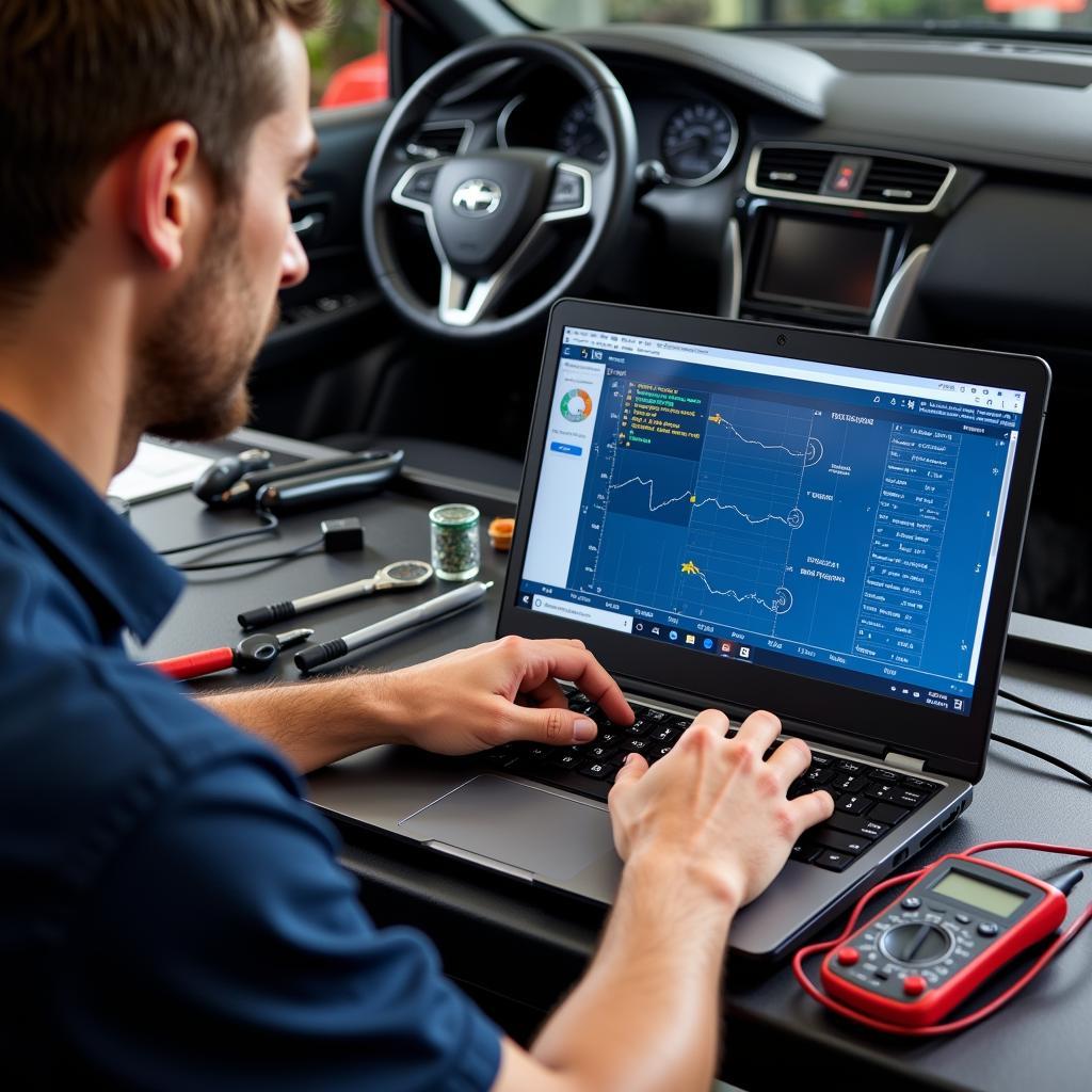 Mechanic Using Diagnostic Software on a Laptop