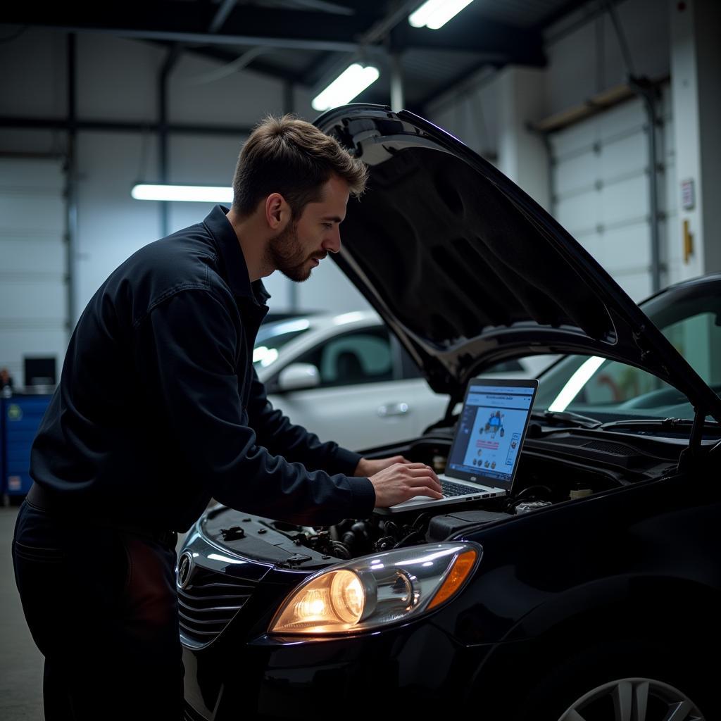 Mechanic utilizing diagnostic software to troubleshoot a car problem