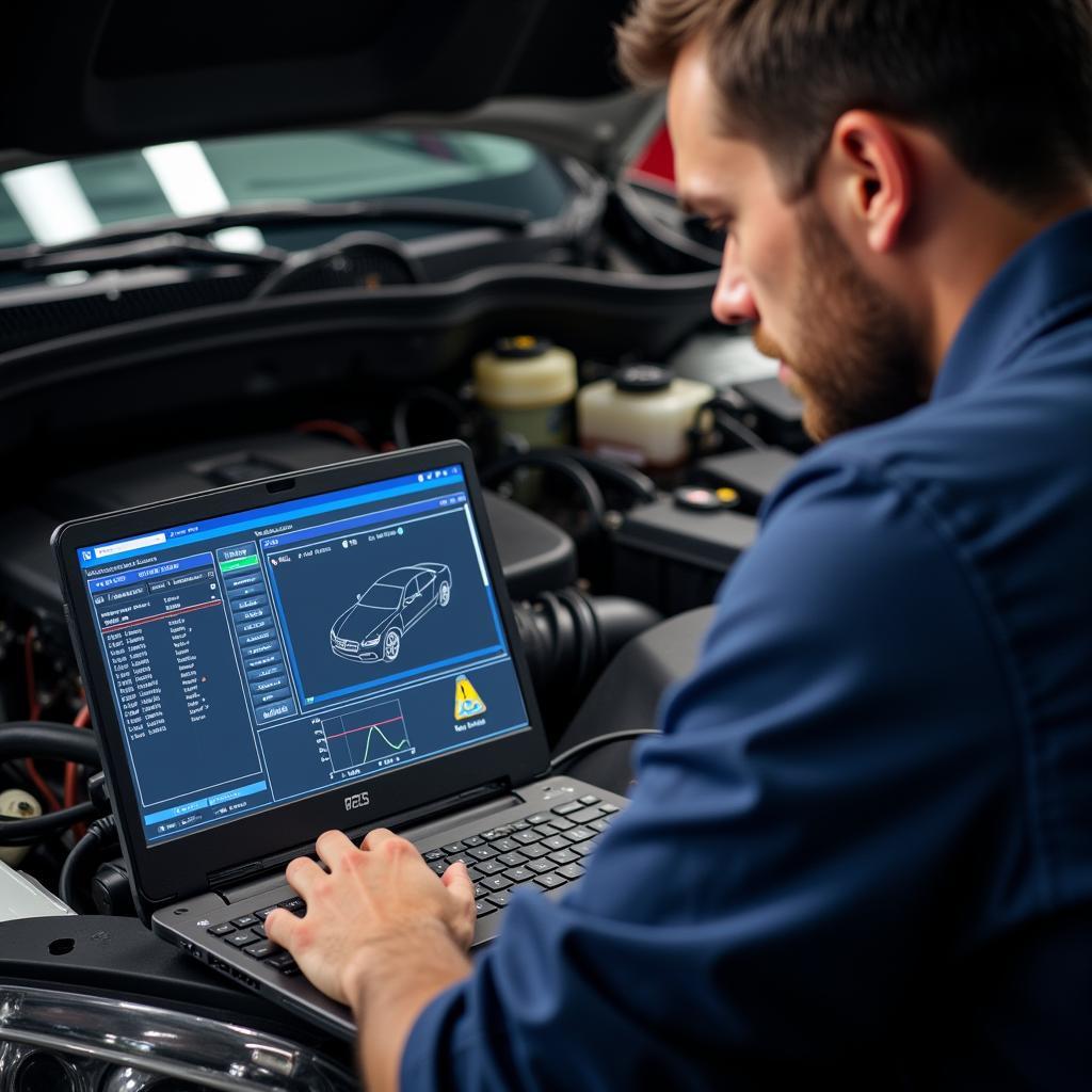 Mechanic using diagnostic software on a laptop to diagnose car problems