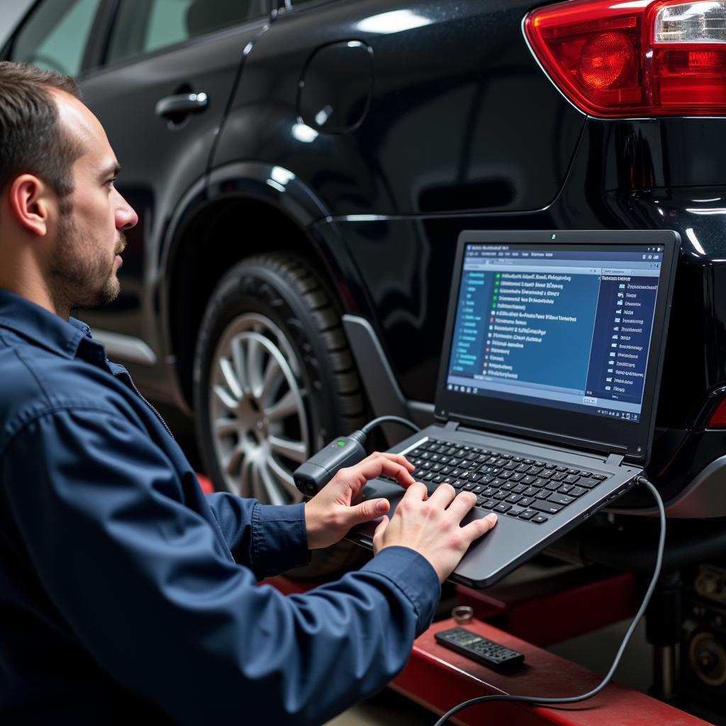 Mechanic Using Diagnostic Software on a Laptop