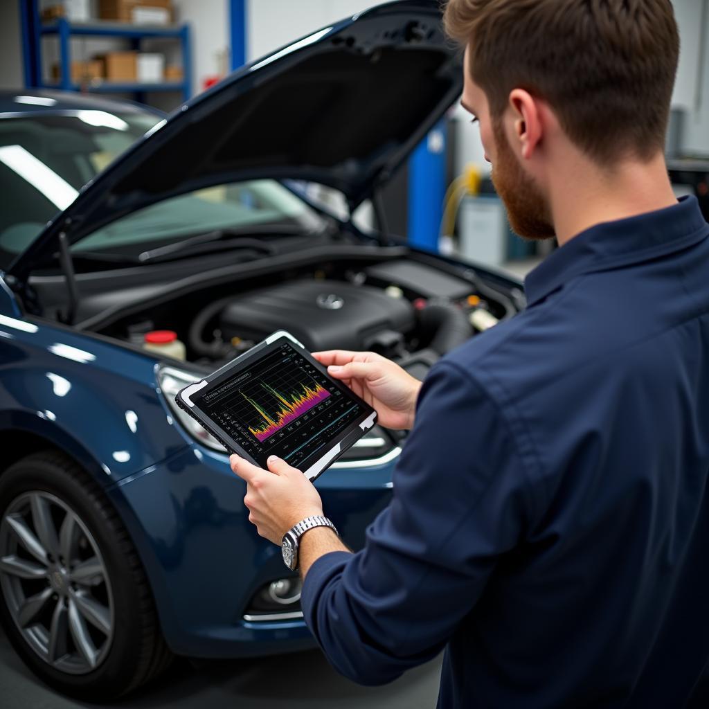 Mechanic Using a Diagnostic Tablet in a Workshop