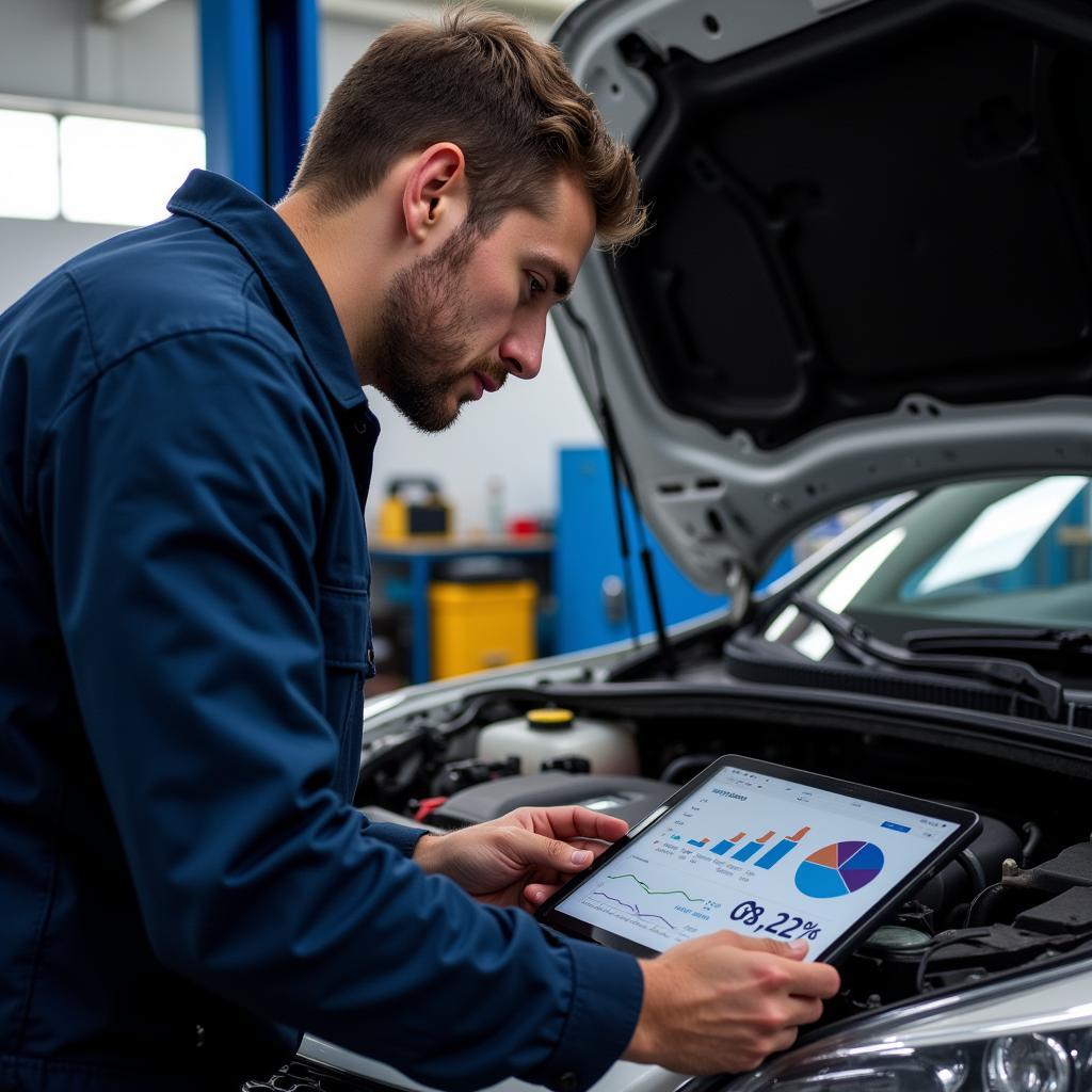 Mechanic Examining Diagnostic Results on Tablet