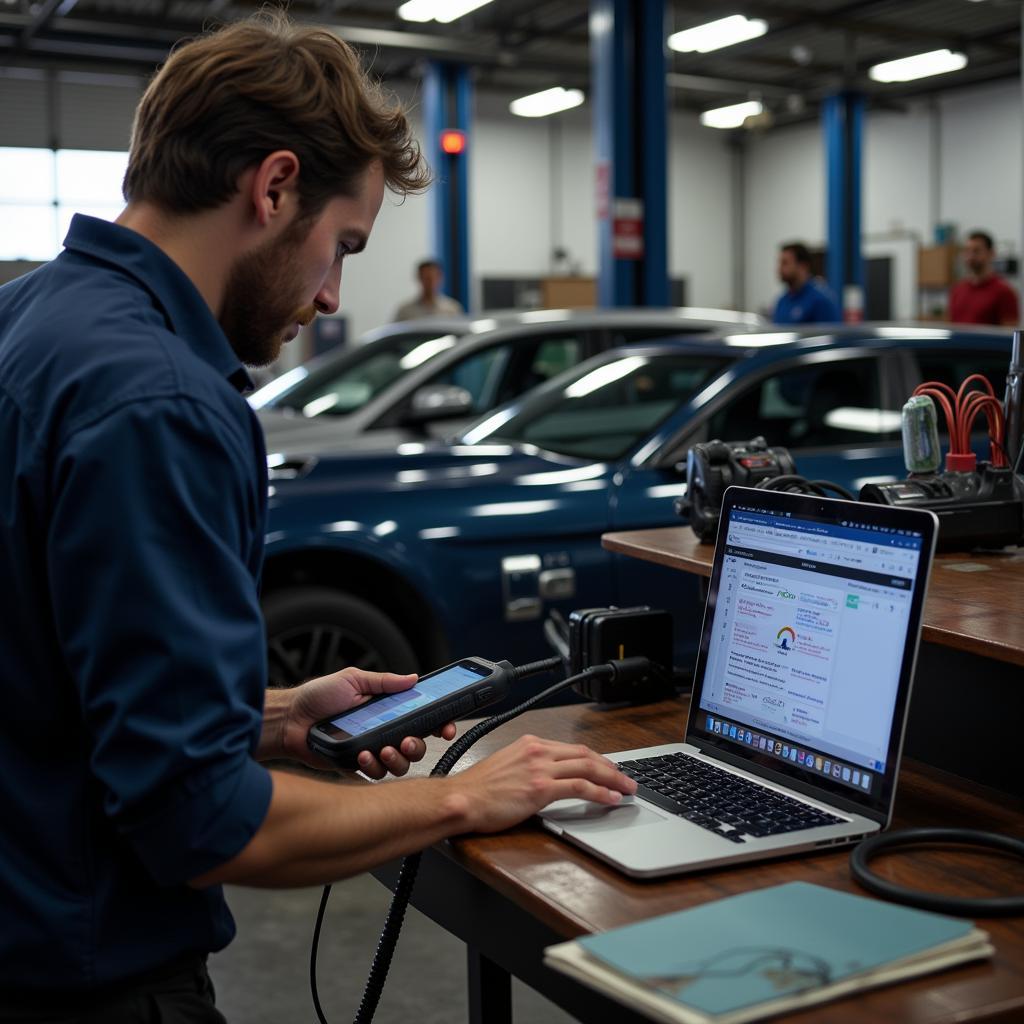 Mechanic Using Diagnostic Tool on a Mac