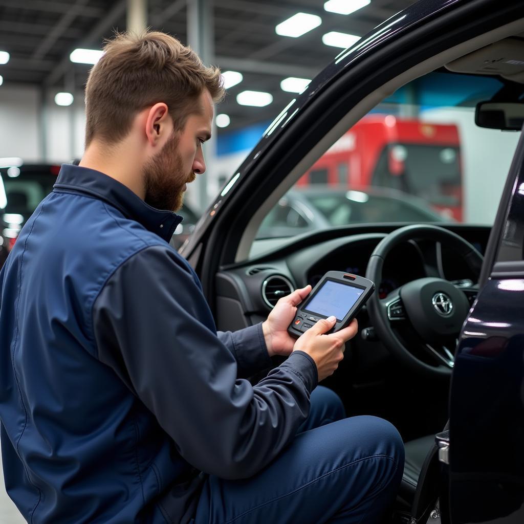 Mechanic using diagnostic tool on car