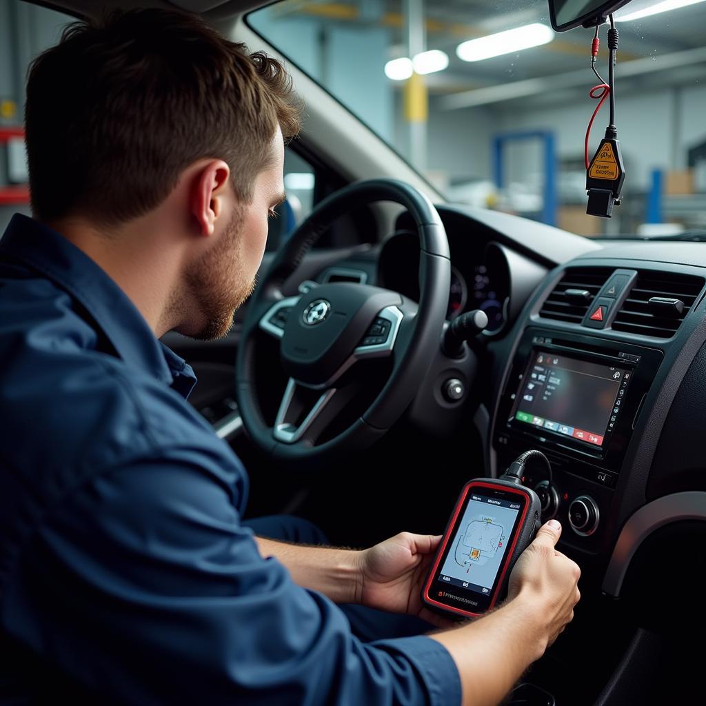 Mechanic using car AC diagnostic tool to guide repairs