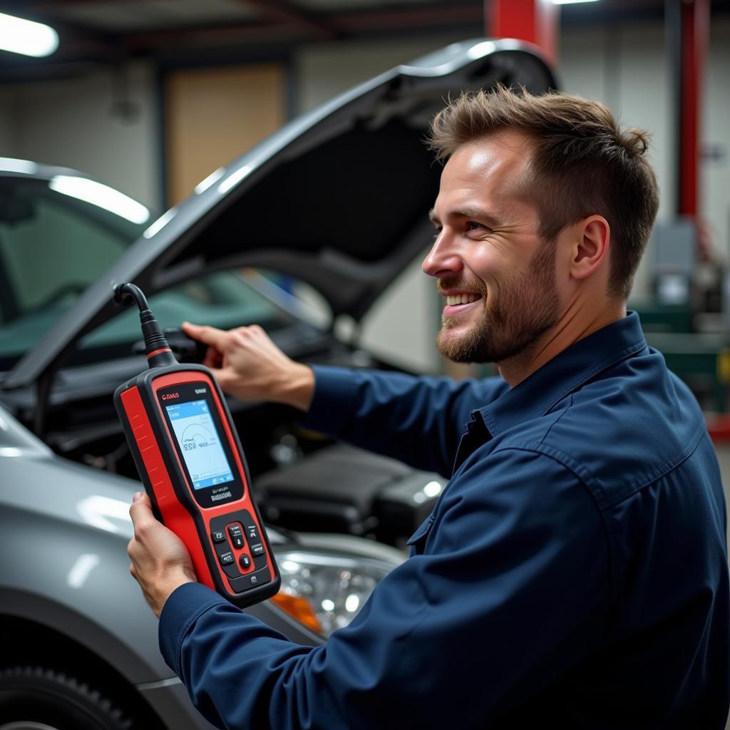 Mechanic Using Diagnostic Tool for Repair