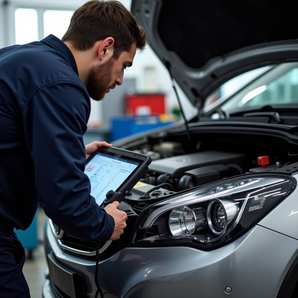 Mechanic Using Diagnostic Tool in Workshop