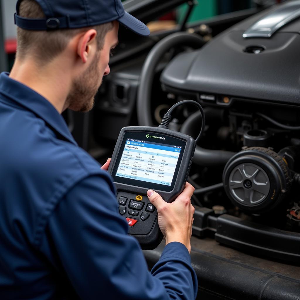 Mechanic diagnosing a car with an all system diagnostic tool