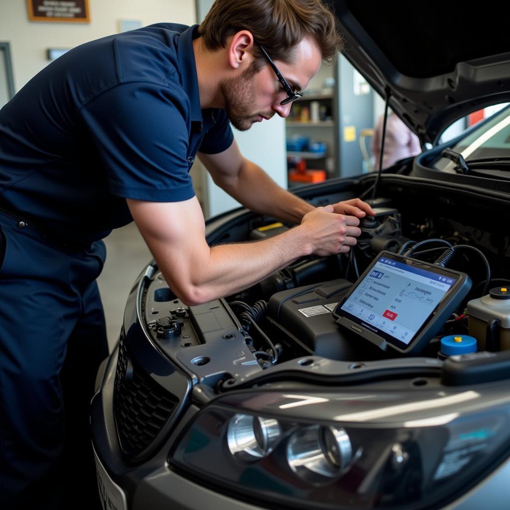 Mechanic Using Diagnostic Tool on Car