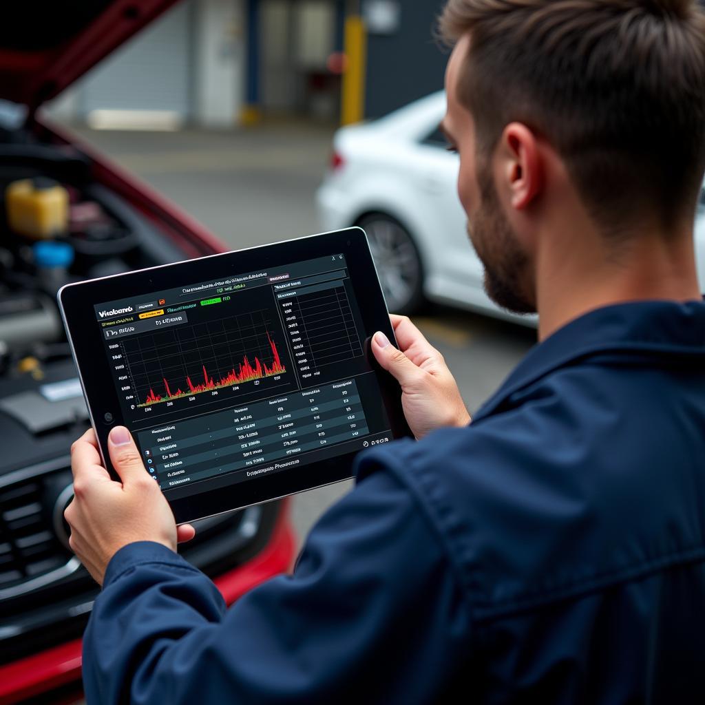 Mechanic Using Diagnostic Tool on Tablet