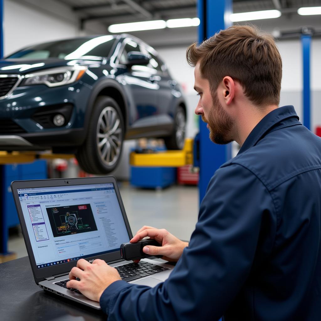 Mechanic Using Diagnostic Tool to Troubleshoot Car Problem