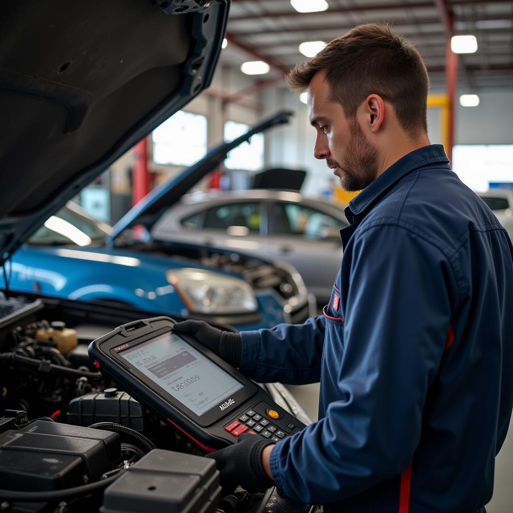 Mechanic Using a Diagnostic Tool in a Workshop