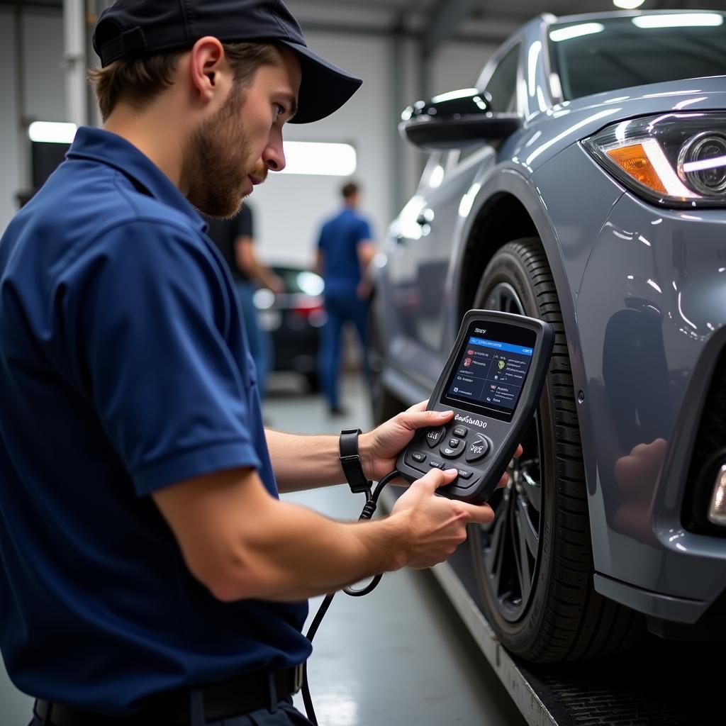 Mechanic using Dominos Foxwell Scanner