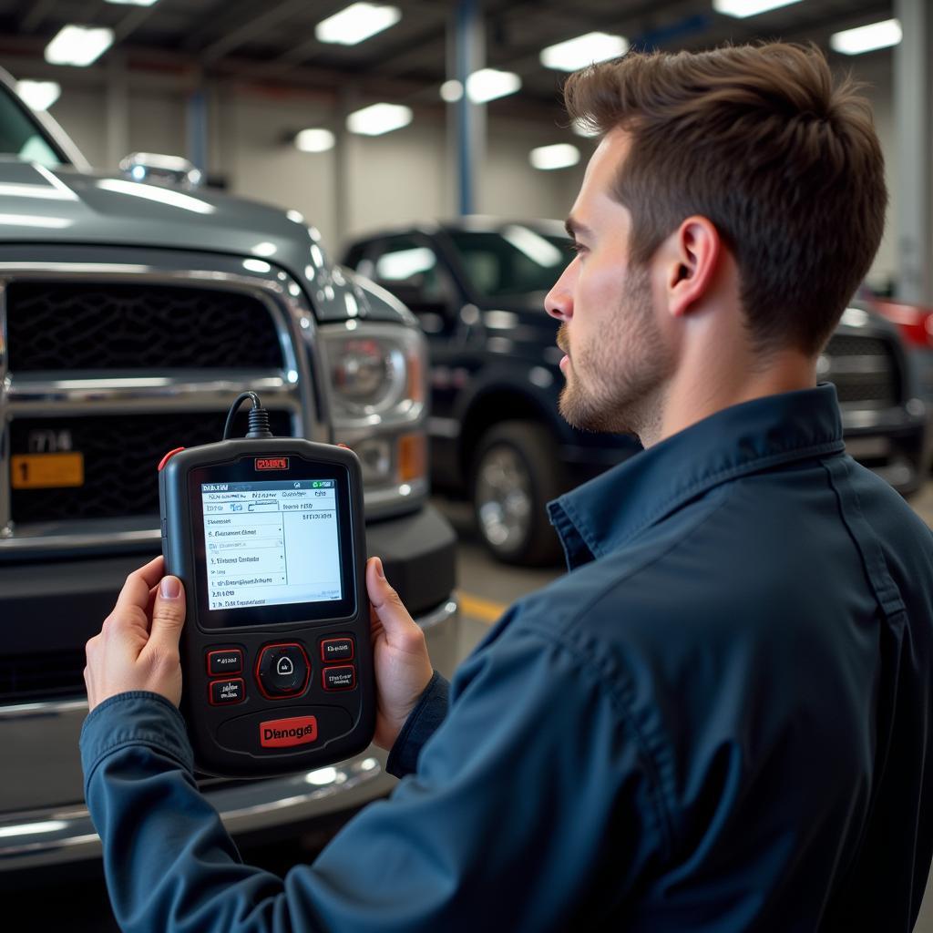 Mechanic Using a DRB Scan Tool for Diagnostics