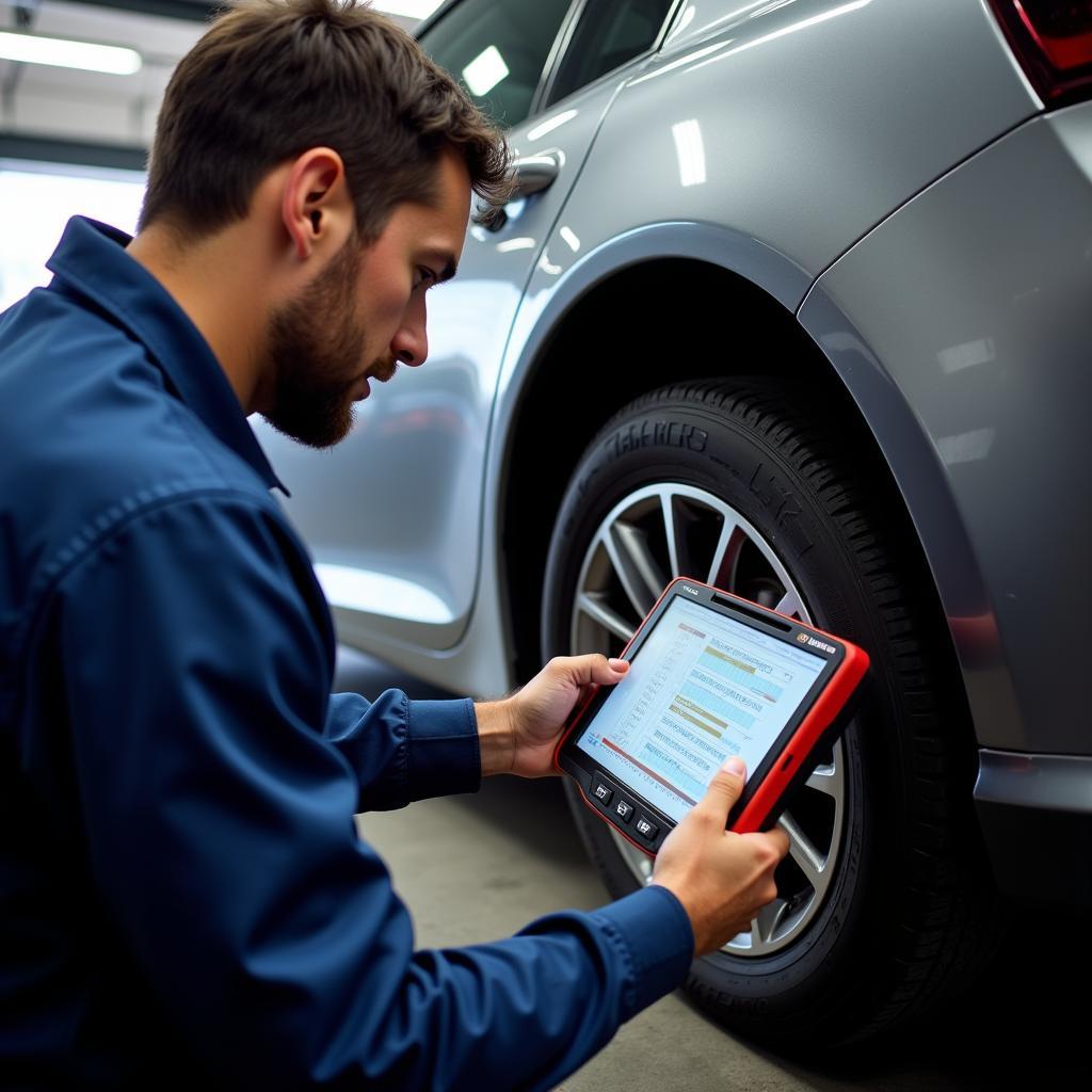 Mechanic using EPB diagnostic tool to diagnose a car in a garage.