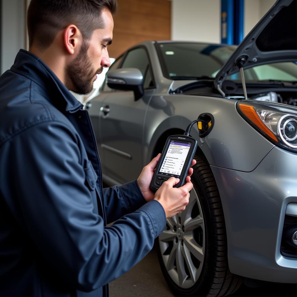 Mechanic Using Equus 3030 to Diagnose a Car