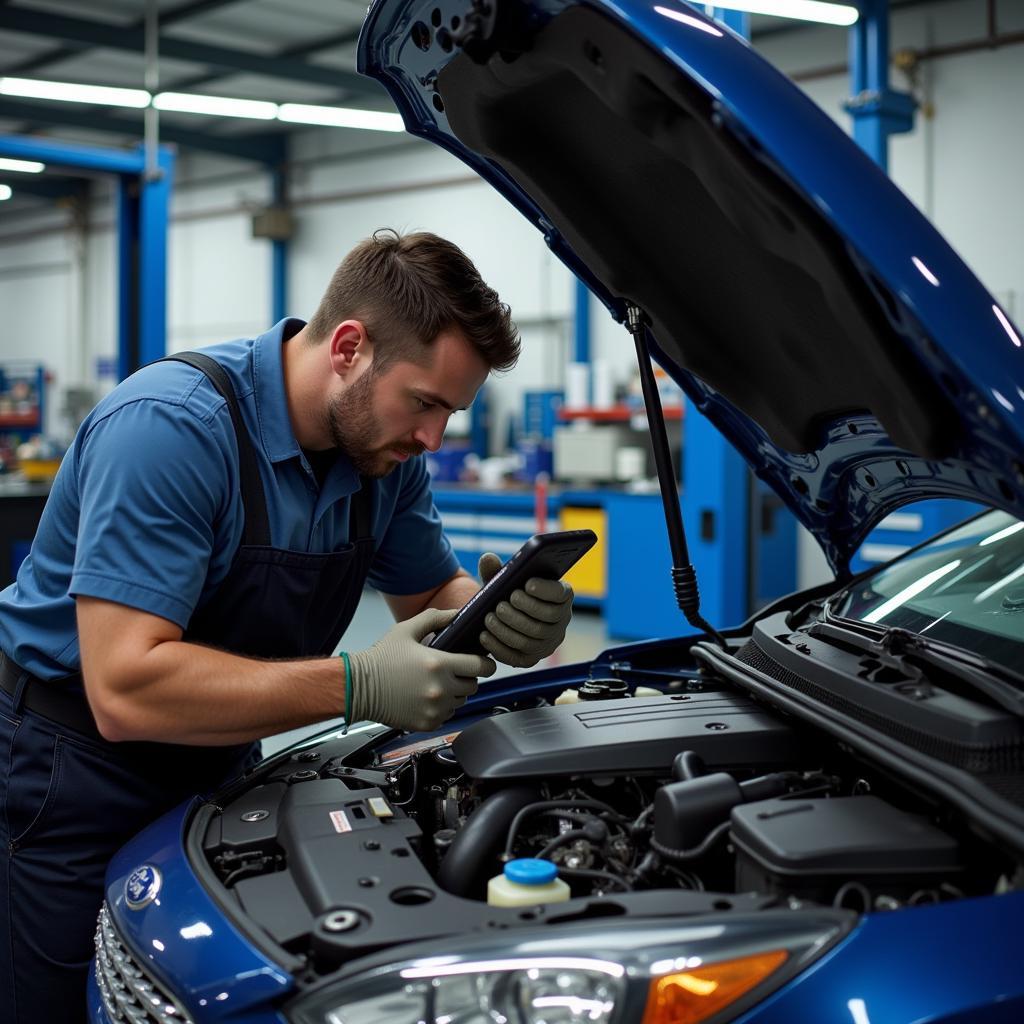 Mechanic Examining Car with Ford Scan Tool