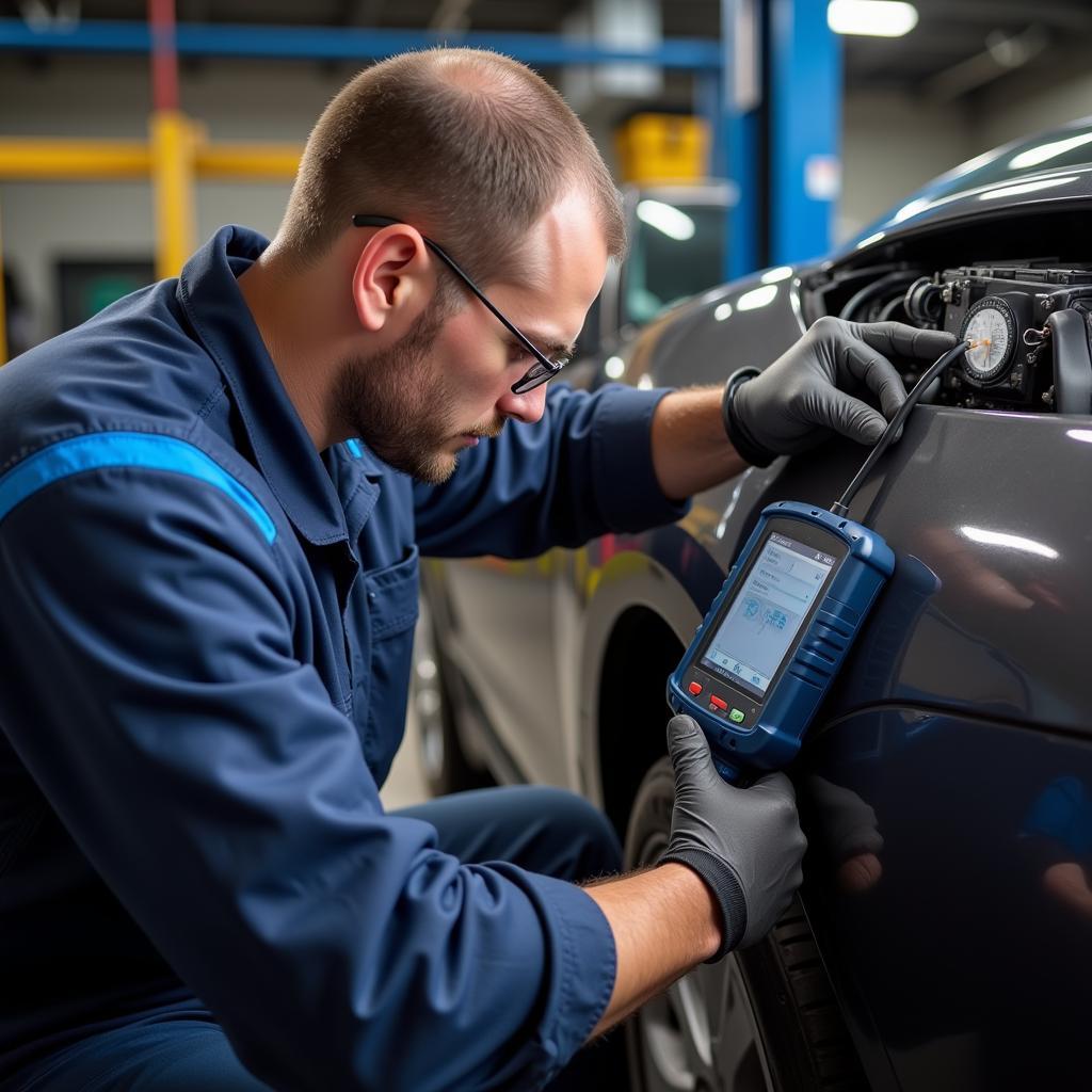 Mechanic using Foxwell AutoMaster Pro on a car