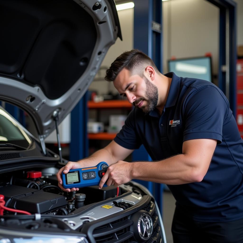 Mechanic Performing Battery Test