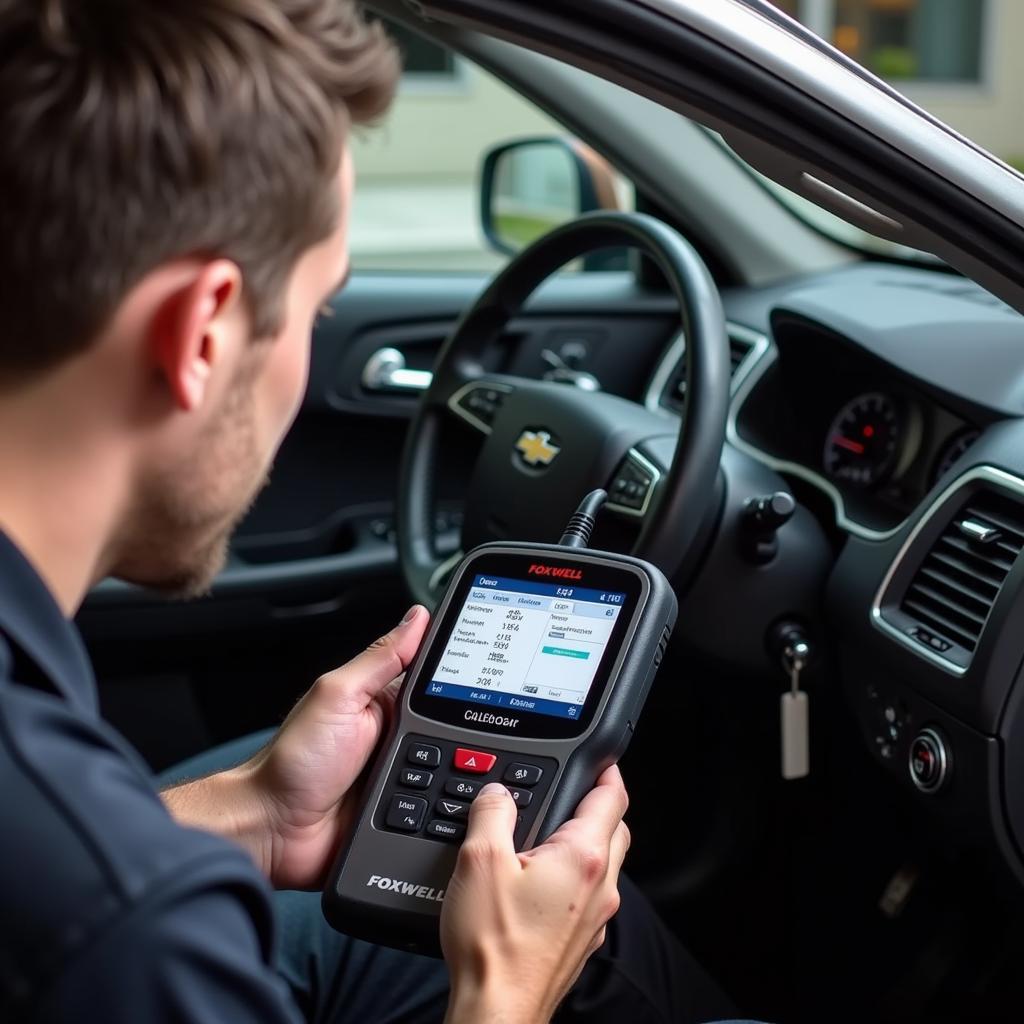 Mechanic using Foxwell BT100 for SAS calibration