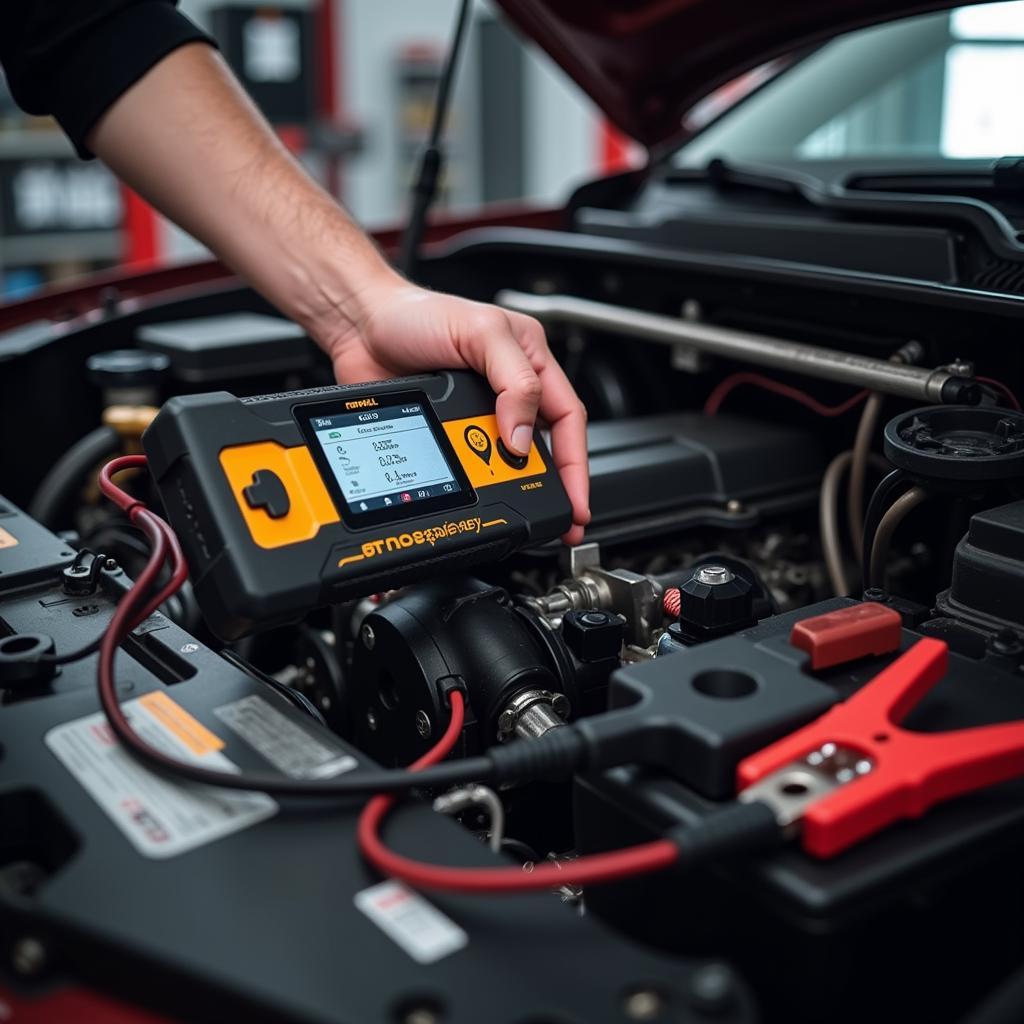 Mechanic Using Foxwell BT705 in Workshop