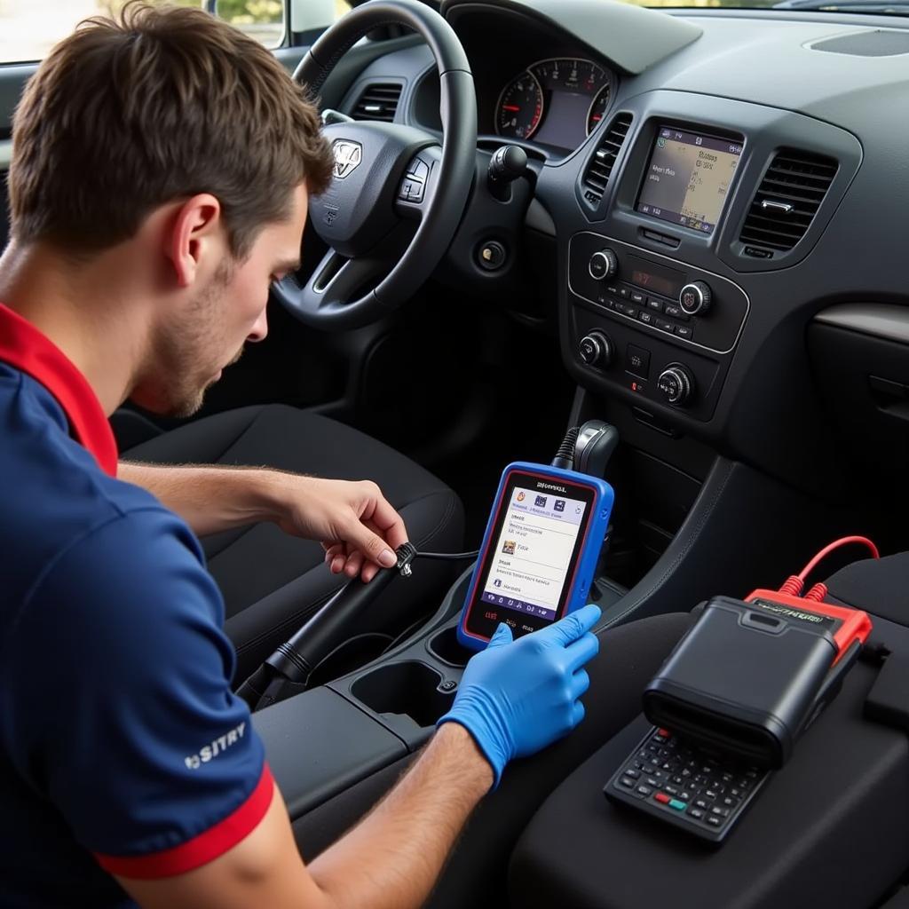 Mechanic Using Foxwell BT705 on Car