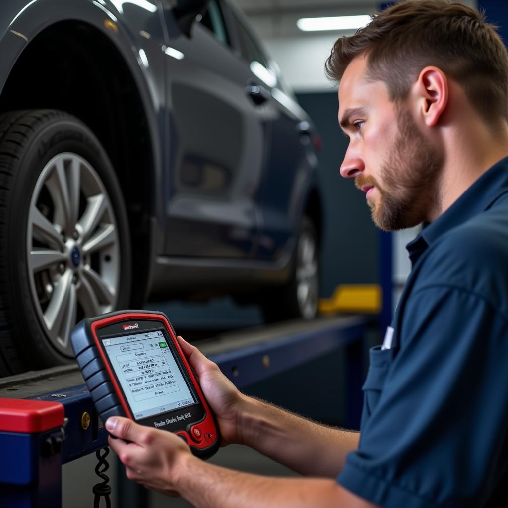 Mechanic Diagnosing Car Problem with Foxwell Code Reader