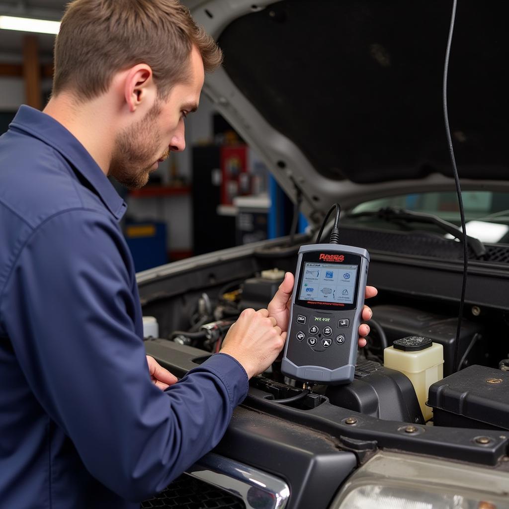 Mechanic using the Foxwell NT301 on a 2004 F-150 engine