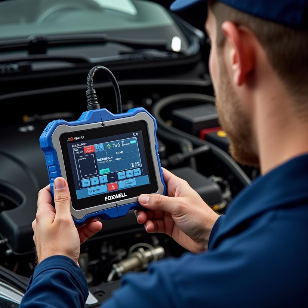 Mechanic Using Foxwell NT414 Scanner