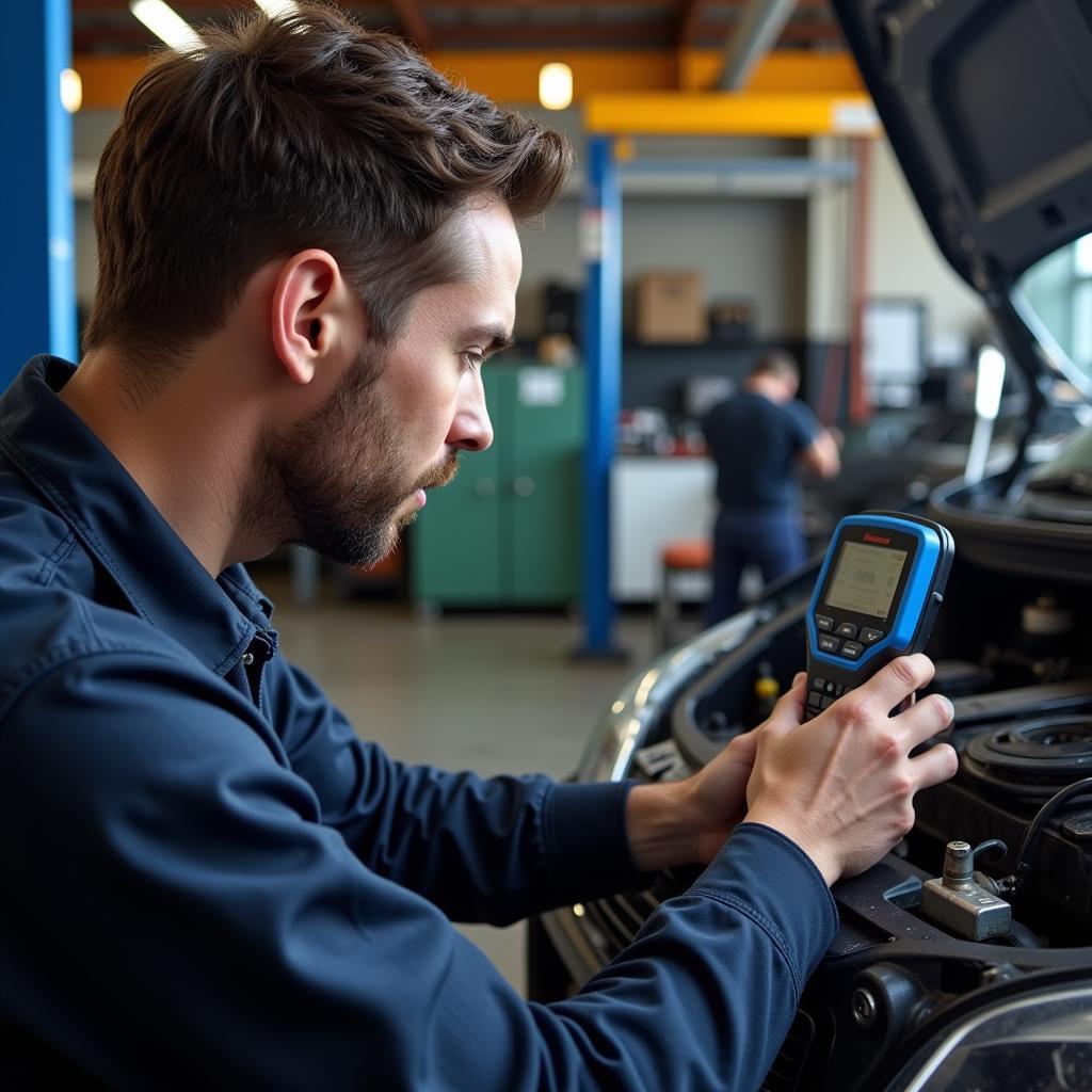 A mechanic using the Foxwell NT510 scanner to diagnose a car's ABS system