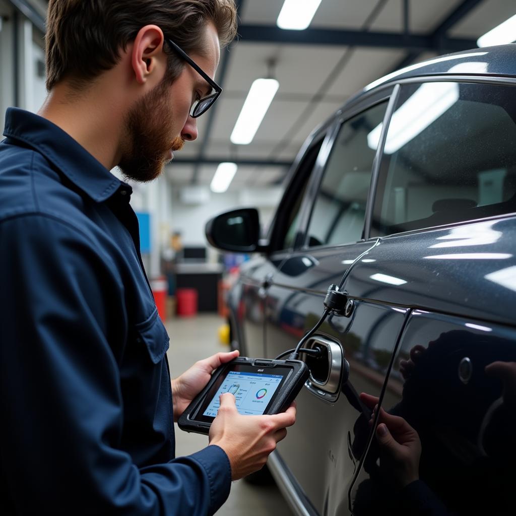 Mechanic using the Foxwell NT530 to diagnose a Land Rover