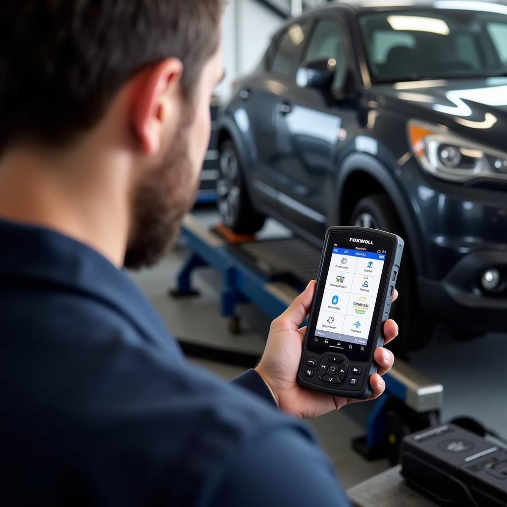 Mechanic Using Foxwell NT624 Elite on Customer Car