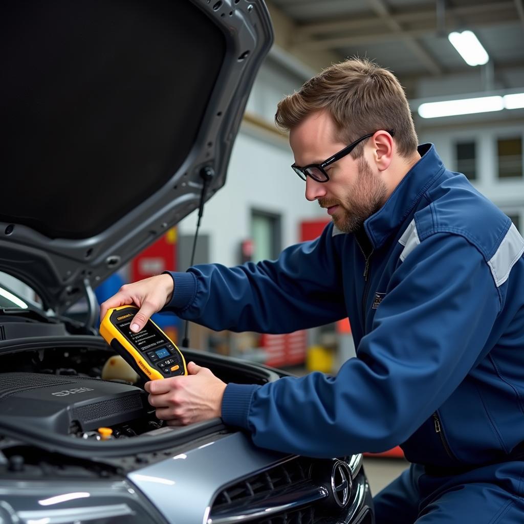 Mechanic using the Foxwell NT624 scanner to fix a car