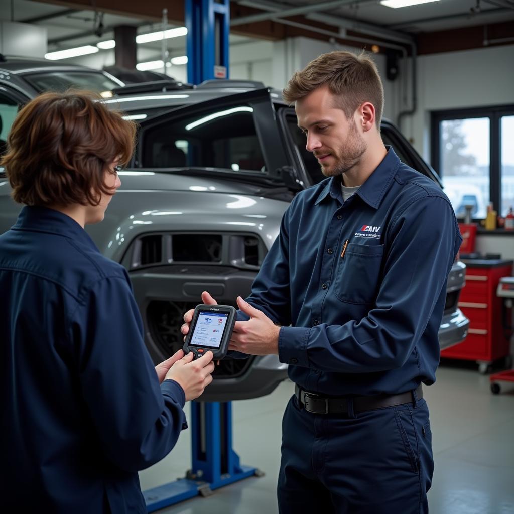 Mechanic Using Foxwell NT650 in BMW Workshop