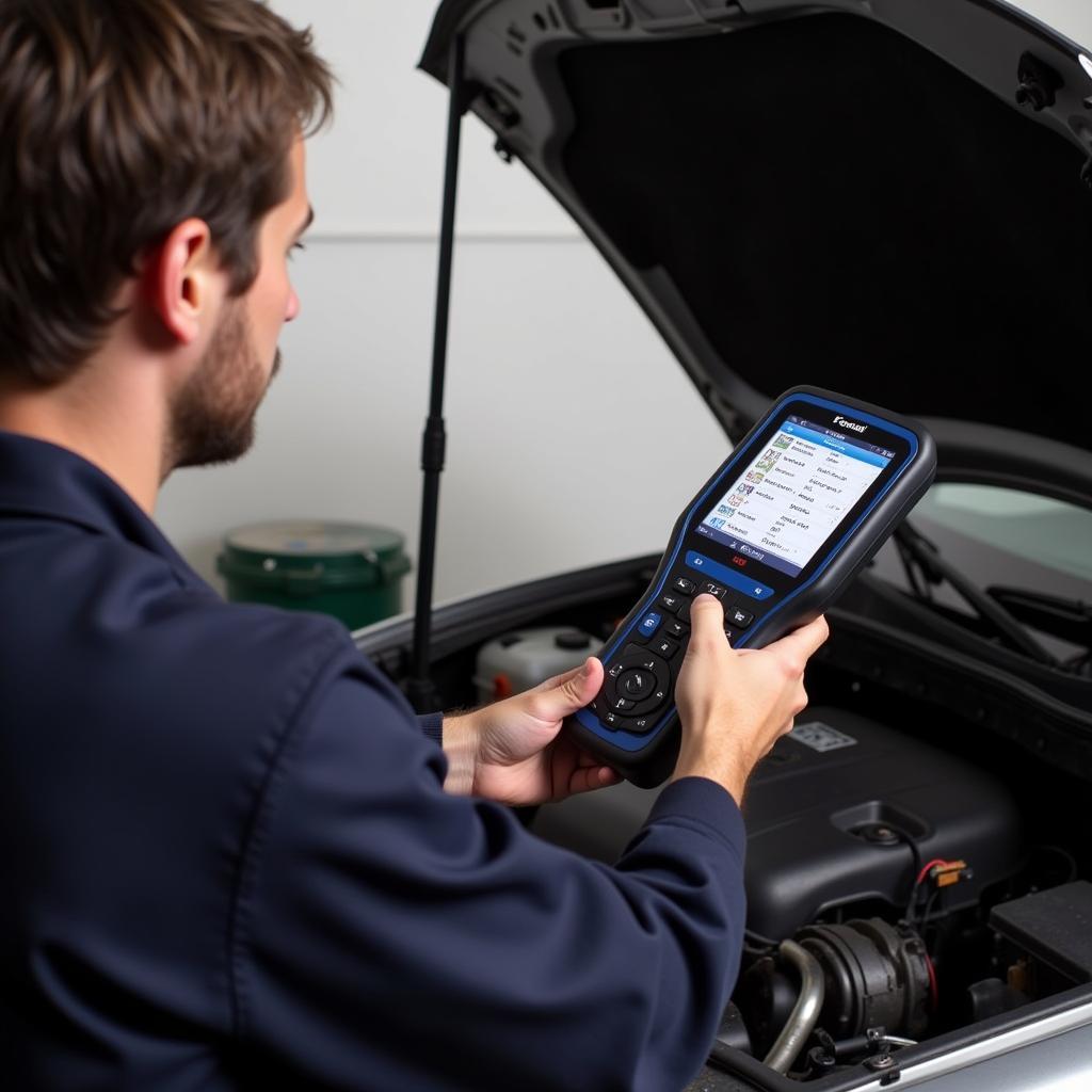 Mechanic Using Foxwell NT650 to Diagnose Car Problem