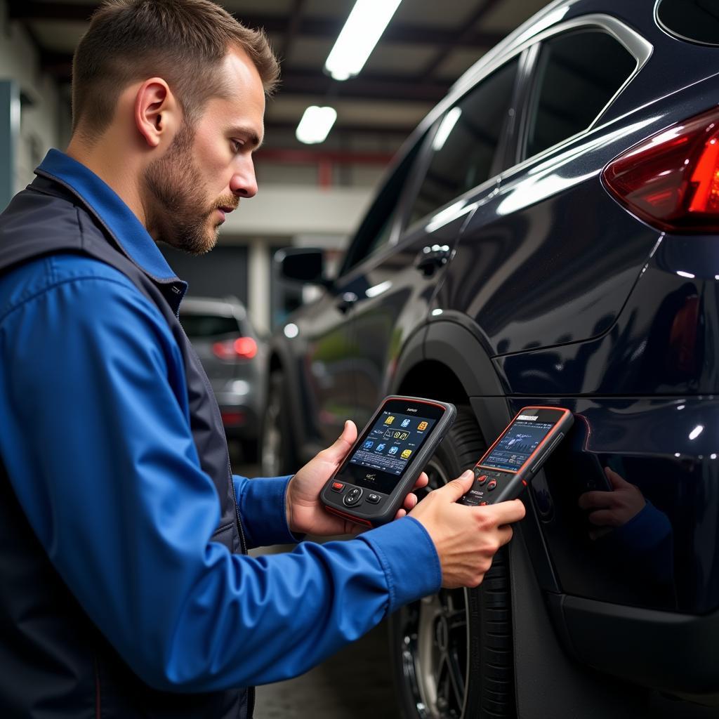 Mechanic Using Foxwell NT680 Pro in Workshop