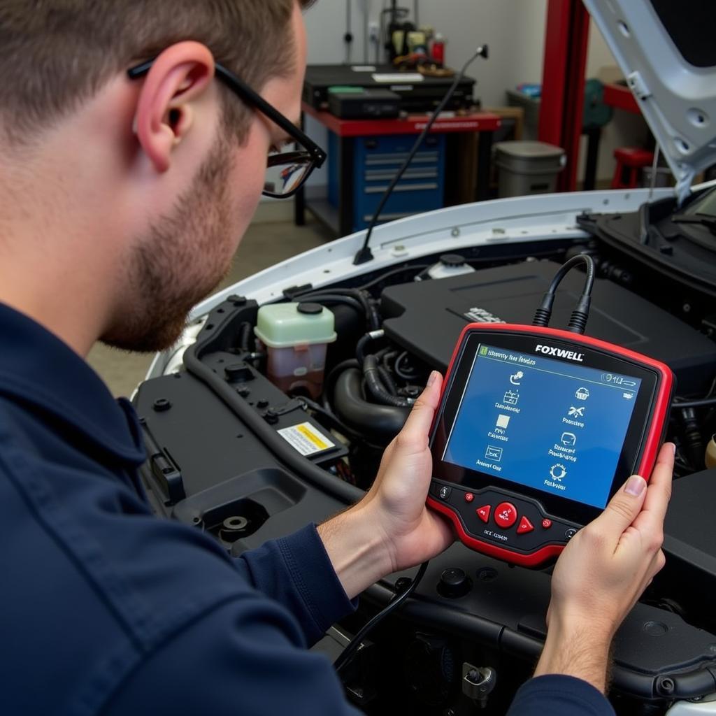 Mechanic Using Foxwell Scan Tool for Diagnosis