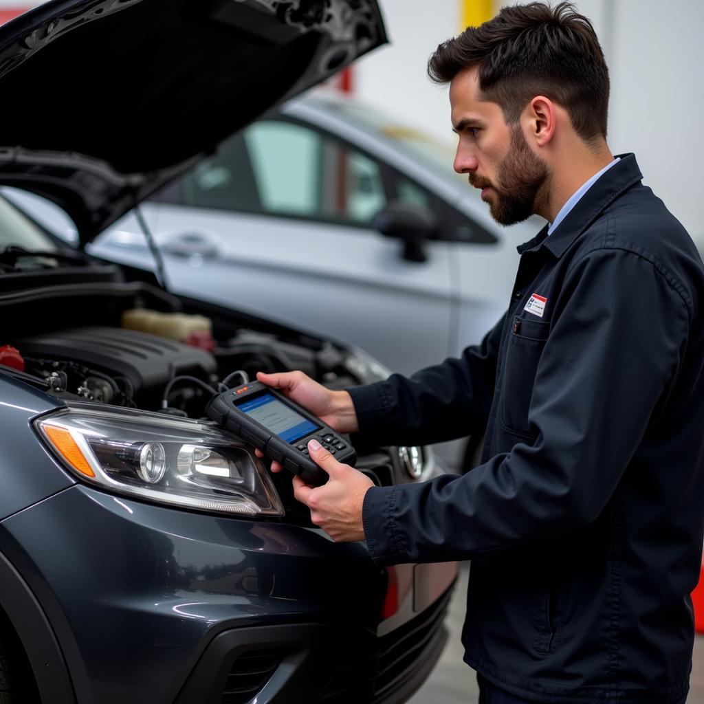 Mechanic Using Foxwell Scanner in Auto Shop