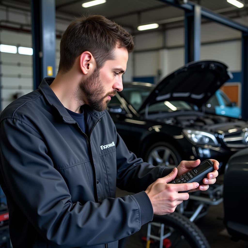 Mechanic using a Foxwell scanner on a Mercedes