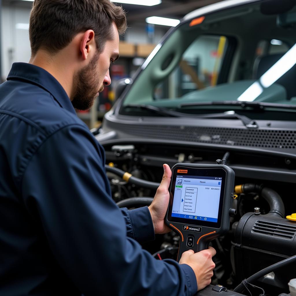 Mechanic Utilizing a Foxwell Scanner to Diagnose a Chrysler