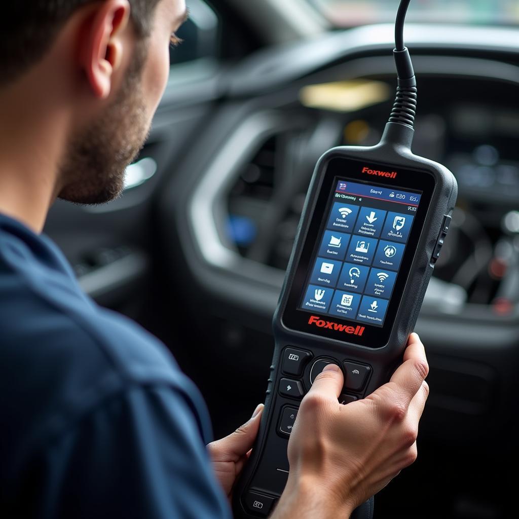 Mechanic Using Foxwell Scanner for Car Diagnostics